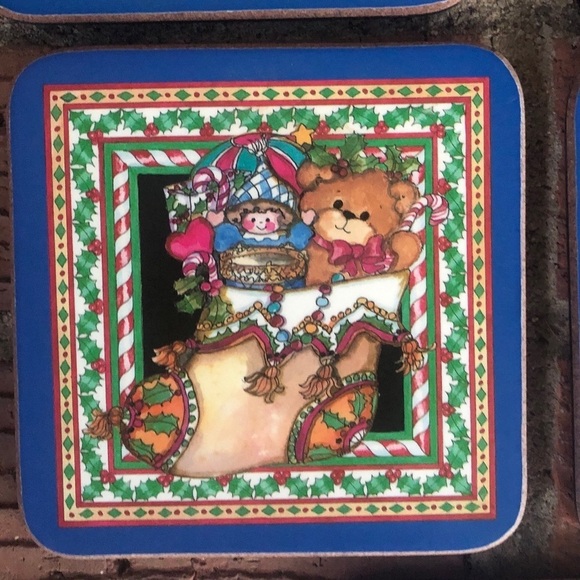 Set of 5 Pimpernel Christmas Stockings Teddy Bears & Toys Cork Back Coasters - Picture 5 of 8